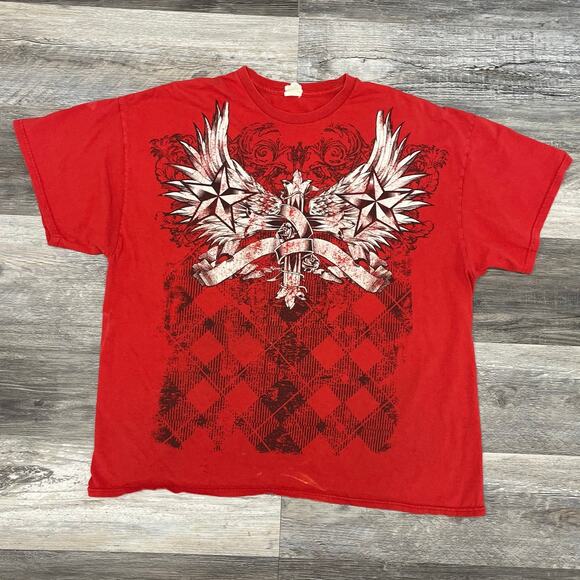 Gildan Gothic Cross Wings Stars Banner Cyber Grunge Red Mens 2XL Graphic T-Shirt - Picture 1 of 8